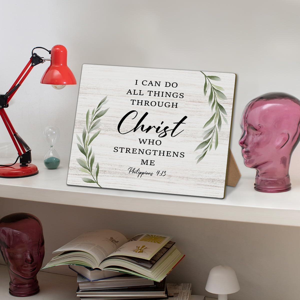 Bible Verse Philippians 4:13 - I Can Do All Things Through Christ Who Strengthens Me Sign, Home Bedroom Office Desk Decorations Jesus Decor, 8x11 Inch Greenery Wooden Sign with Stand-24 image 4