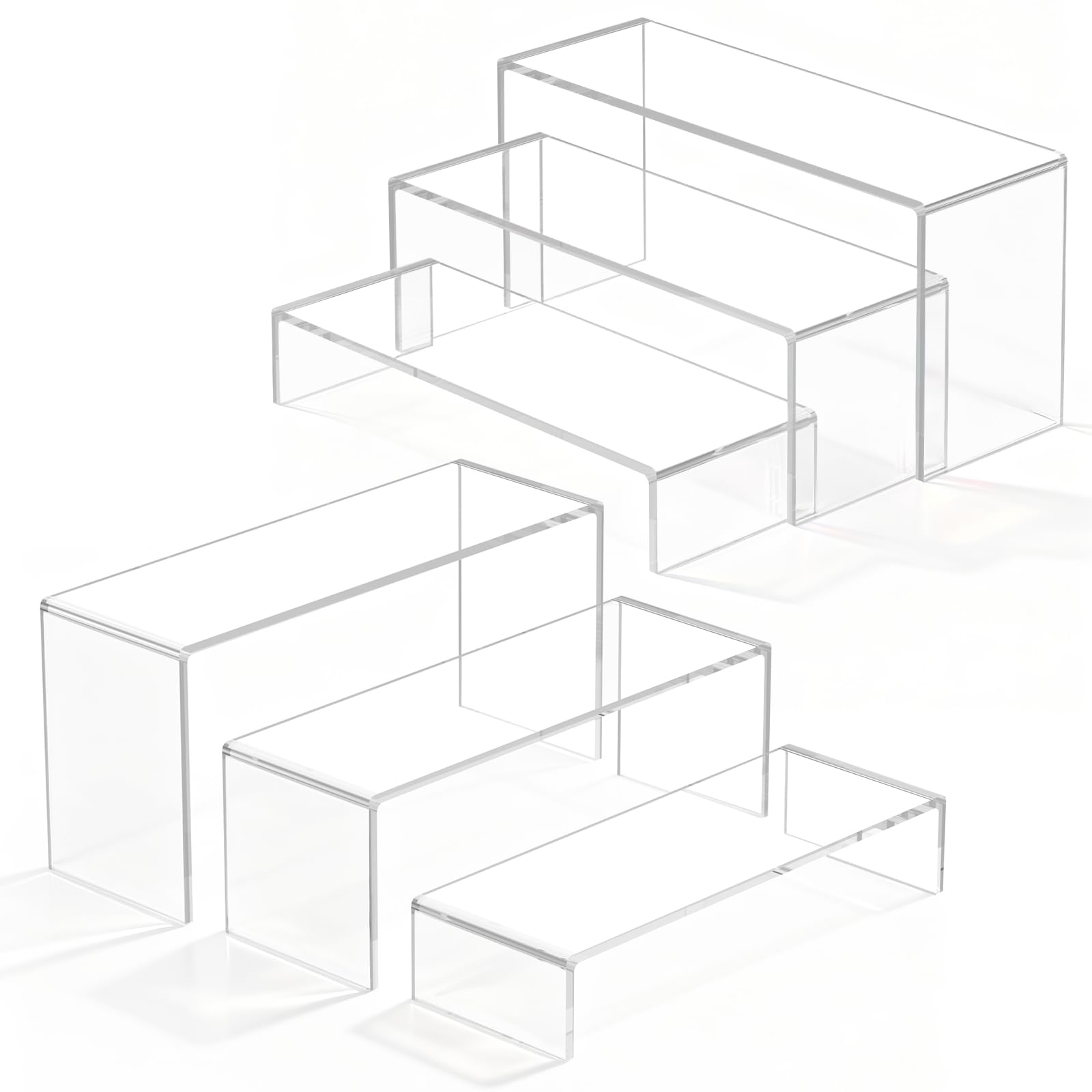 6 Pcs Acrylic Display Risers Stand Shelf Clear Dessert table Set 3 Steps Display Stands Showcase for Amiibo Funko Figures Cupcake/Perfume Cologne Lotion Collectible Makeup Jewelry (Transparent)