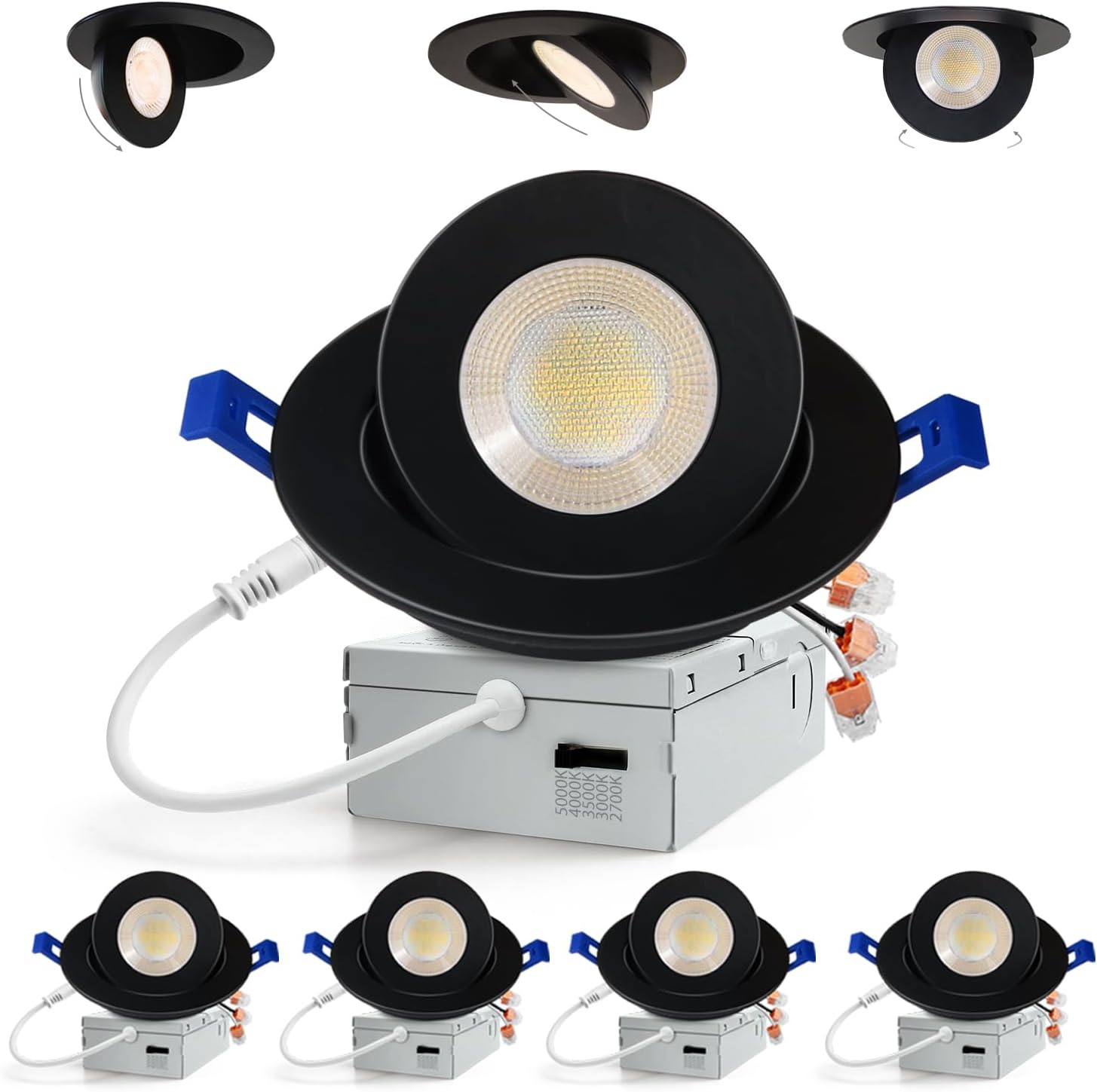 Adetu 4 inch 5CCT Gimbal Black Led Recessed Lights, 360°+90° Adjustable Directional Recessed Lighting, 2700K/3000K/3500K/4000K/5000K Dimmable Retrofit Eyeball Can Lights with Jbox, ETL (Black, 4 Pack)