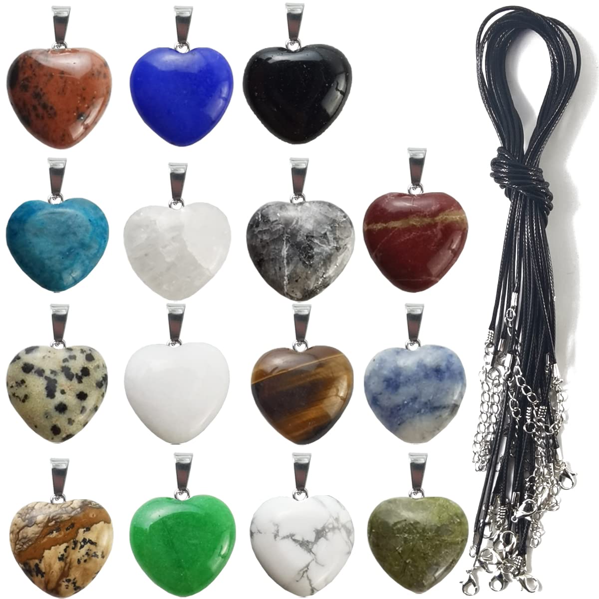 30PCS/Set Heart Shaped Stone Pendants Charms Crystal Chakra Beads with Chains for DIY Necklace Jewelry Making(15PCS Stone Pendants +15PCS Chains)