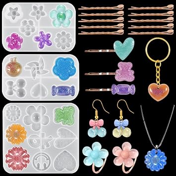 FineInno 3PCS Flower Hair Clip Resin Molds,Heart Silicone Casting Mold with 10 Pieces Metal Hairpin for Epoxy Resin,Barrettes,Jewelry,Pendants,Crafts