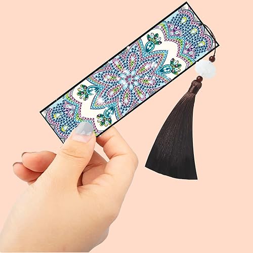 Miniatura 3 de Paquete de 2 marcapáginas azul rey mandala diamante kit de pintura de cuero sintético paquete de 2 marcadores de bricolaje con borlas colgante para