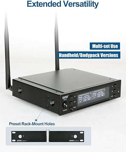 Miniatura 7 de Sistema de micrófono inalámbrico dual micrófonos y receptor de mano de metal, canales UHF ajustables de 520 a 590 MHz, diversidad de antena, ideal
