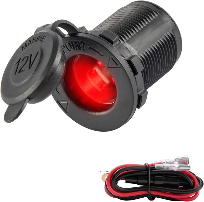 Tomada de acendedor automotivo UYYE 12 V/24 V com LED vermelho e tampa de proteção – 1 unidade