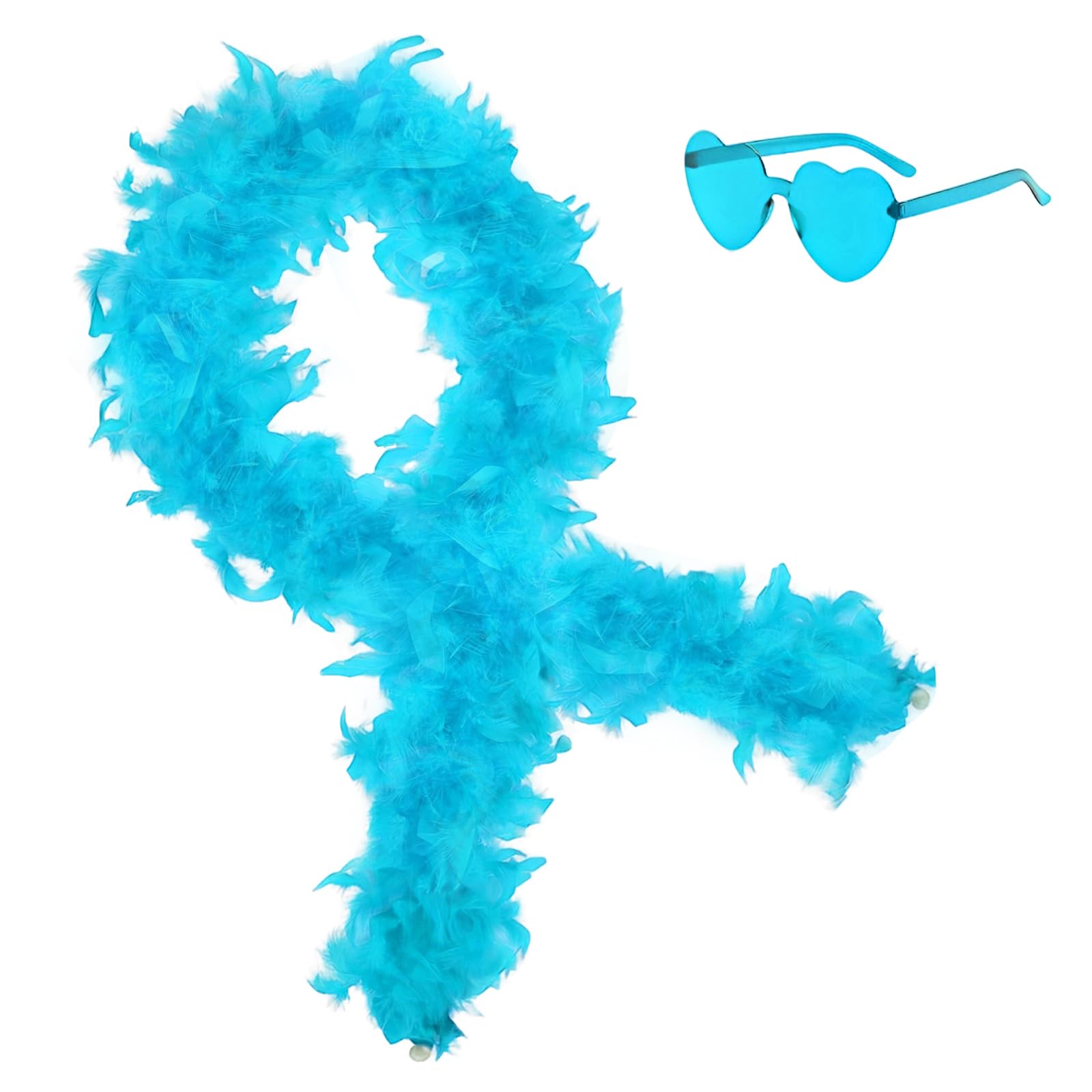 2Pcs Colorful Fancy Dress Feather Boa Set, 6.6ft Feather Boa with Heart Rimless Sunglasses for Women, Artificial Fluffy Boa Decorations wit for Dancing Wedding Party Cosplay Halloween (Lake Blue) — image 1