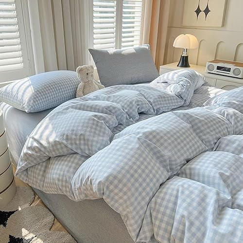Nayoroom Gingham Duvet Cover Queen Size Blue White Plaid Checkered Comforter Cover 3 Pcs Soft Breathable Washed Microfiber Grid Farmhouse Bedding Set with Pillow Shams