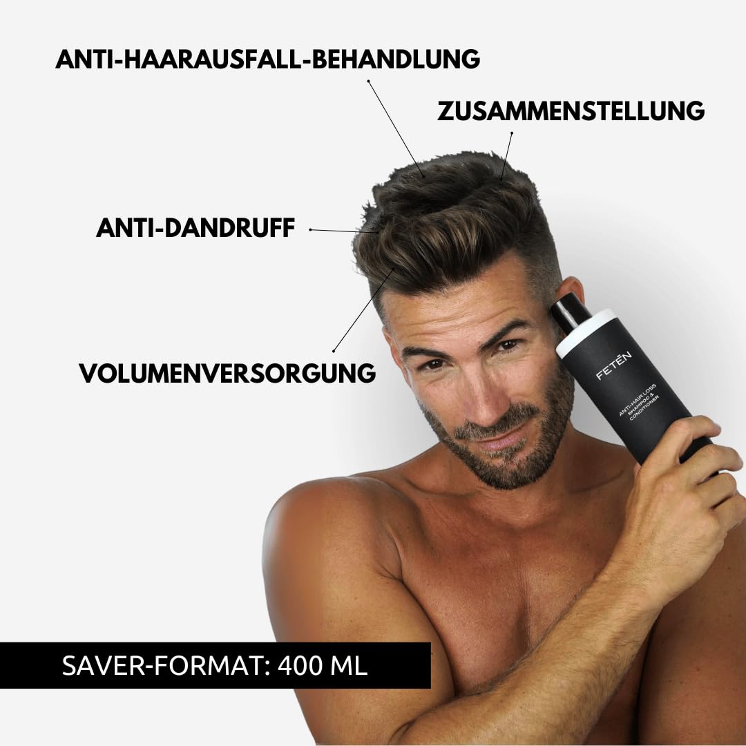 FETEN Anti-Haarausfall Shampoo für Männer, 400 ml, mit Conditioner, gegen Haarausfall und Schuppen, für mehr Volumen und kräftigeres Haar