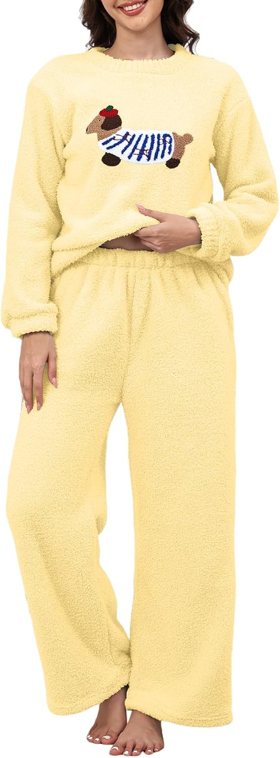 Yimoon Women' s Fluffy Fleece Pajama Set Pullover Pants Winter Dachshund Fuzzy 2 Piece Plush Pjs Warm Loungewear Sleepwear