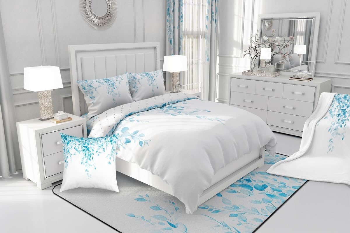 Erosebridal Spa Blue Eucalyptus Bedding Set Toddler, Watercolor Plant Leaves Comforter Set Botanical Rustic Farmhouse Duvet Insert for Kids Teens Adult Women, Minimalist White Quilt, 1 Pillow Case