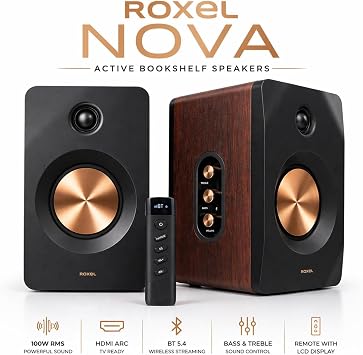 Roxel Nova Active Bookshelf Speakers, 100W RMS Stereo Sound, Wireless BT 5.4, HDMI ARC, Optical Input, Remote with LCD, Bass & Treble Control, for TV, PC, Gaming & Music (Walnut)