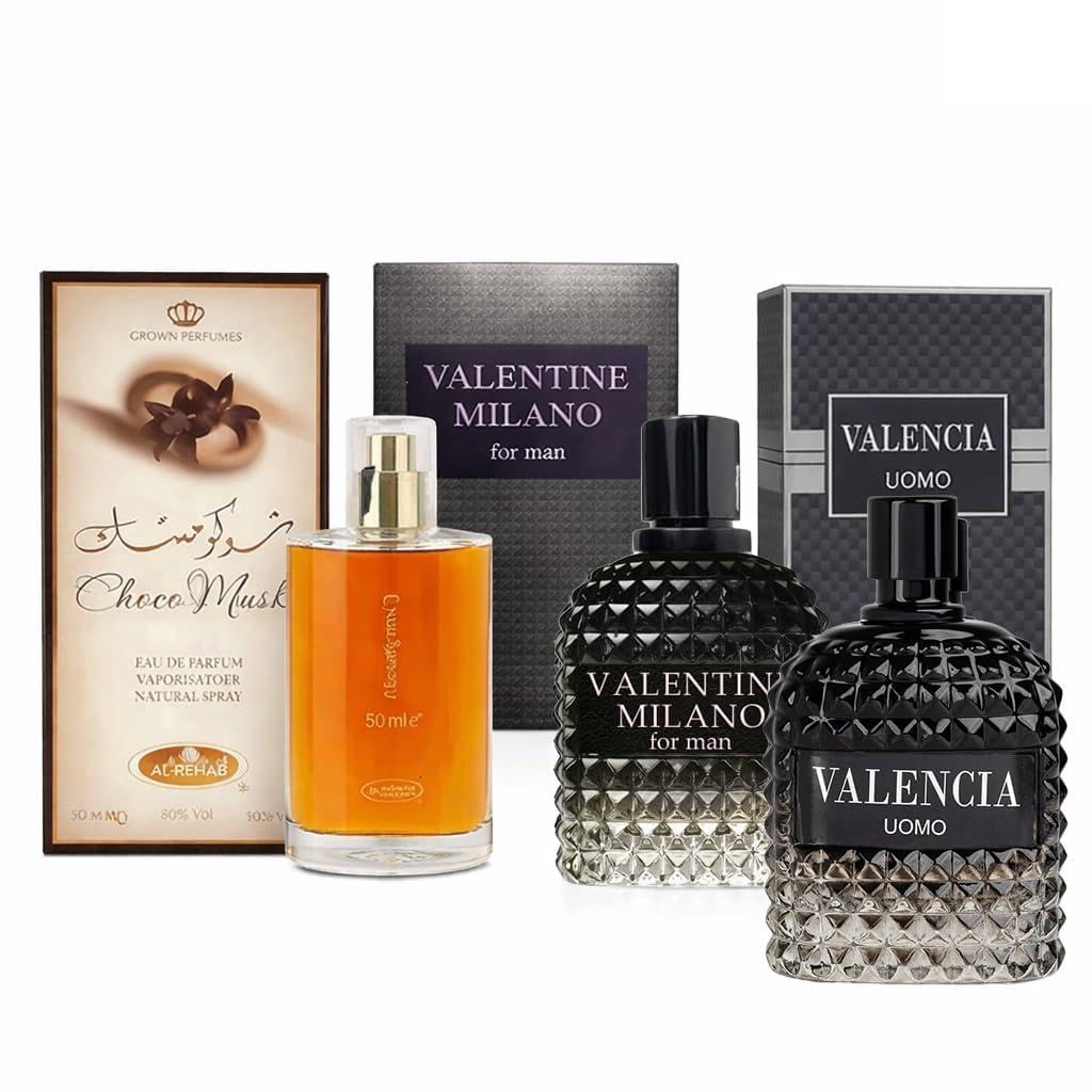 Men’s 3-Pack Cologne Gift Set – Valentine for Men, Valencia Uomo & Choco Musk | Long-Lasting Fragrance Set with Warm, Woody, Sweet & Masculine Notes | Perfect Holiday, Birthday & Everyday Gift for Men