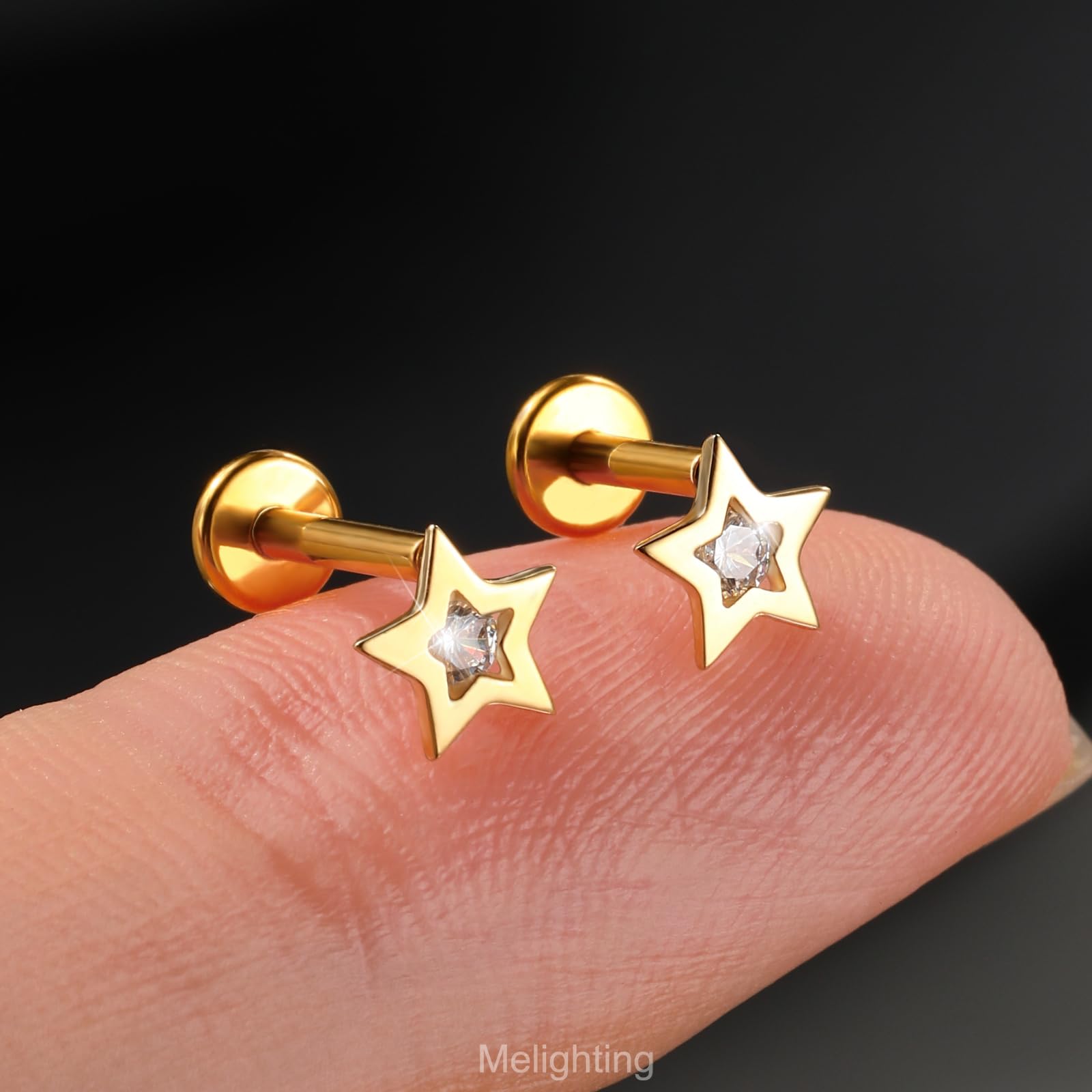 Melighting Pendientes de cartílago sin rosca, oro amarillo de 14 quilates, aretes de hélice, aretes de estrella con parte trasera plana, 16 g, aretes de tragus, joyería de 8 mm, 16G 8mm, Titanio Oro