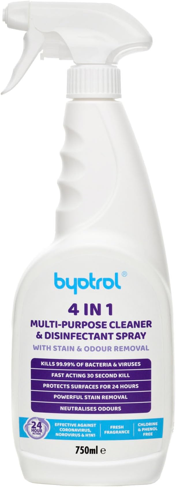 4-in-1 Multi-Purpose Cleaner & Disinfectant Spray with Stain and Odour Removal | 24 hour protection | Works in Seconds, Protects for Hours | 750ml Spray Bottle