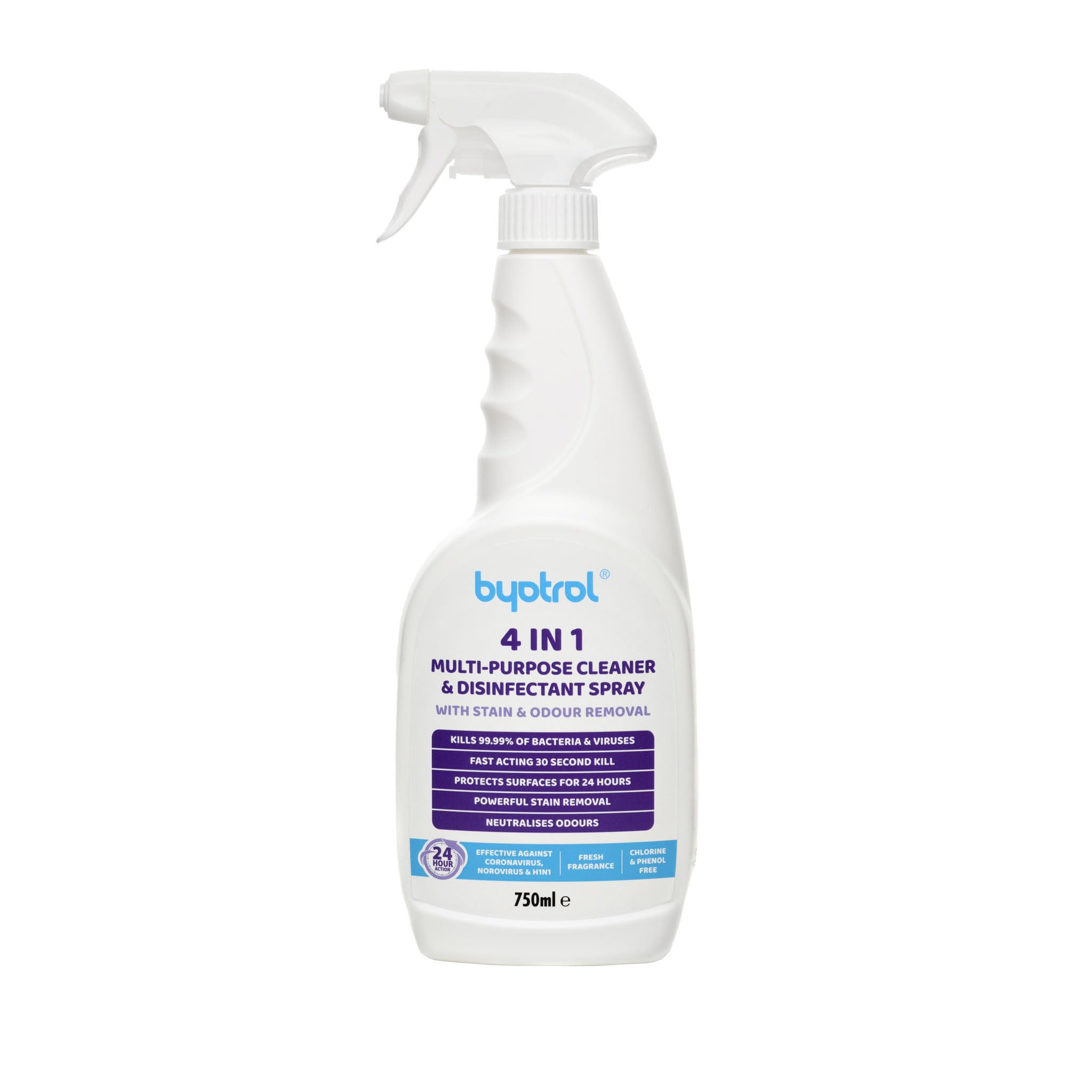 Byotrol 4-in-1 Multi-Purpose Cleaner & Disinfectant Spray with Stain and Odour Removal | 24 hour protection | Works in Seconds, Protects for Hours | 750ml Spray Bottle
