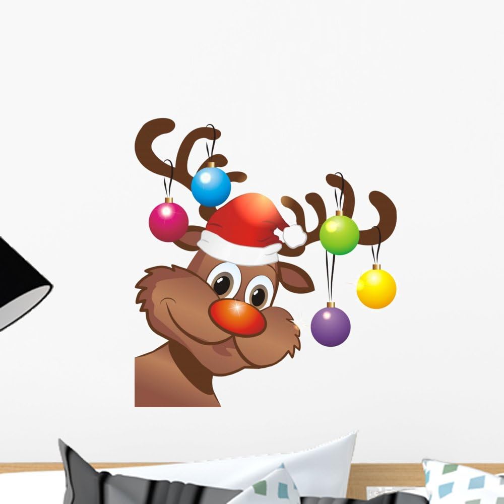 Wallmonkeys Rudolph Reindeer with Santa Hat and Christmas Baubles Wall Decal Peel and Stick Graphic WM91078 (18 in H x 18 in W)