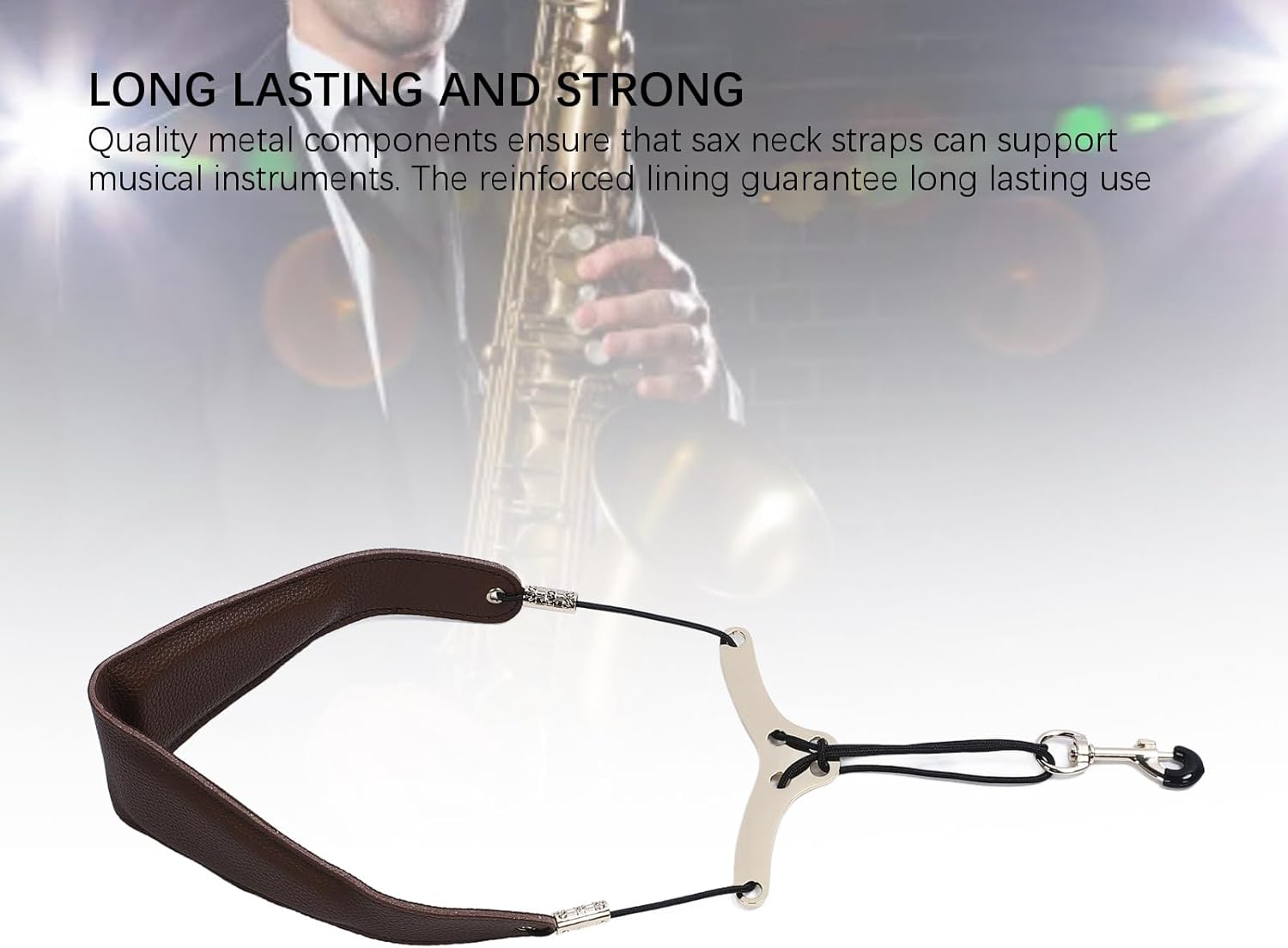 Saxophone Neck Strap for Alto Tenor Sax, Adjustable Instrument Accessories, Breathable PU Leather Strap with Swivel Metal Hook, Weight Distribution Design for Comfortable (Brown)