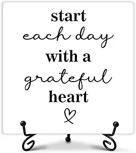 Rustic Farmhouse Decor, Start Each Day with A Grateful Heart Sign, Home Office Decor, Inspirational Quotes Desk Gifts for Women Men Leader Boss Mentor, Office Desk Accessories, 5&#34; x 5&#34;-217