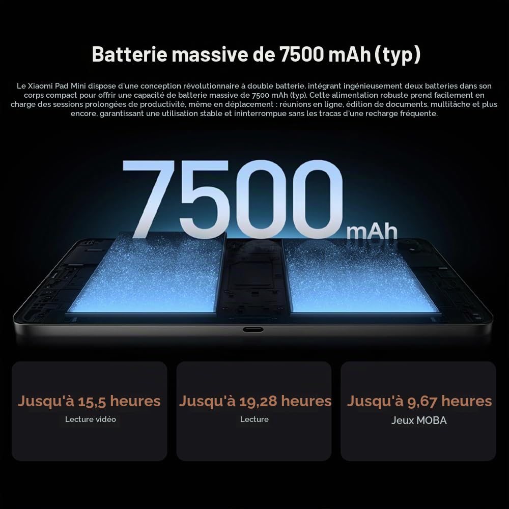 XIAOMI Tablet Pad Mini, 8Go+256Go 8.8" Tablette, 9,9 Pouces, Noir, Batterie 7500 mAh, 165 Hz, 67W, écran IPS LCD, Mediatek Dimensity 9400+, Android 15, 1880 x 3008 Pixels, avec Chargeur