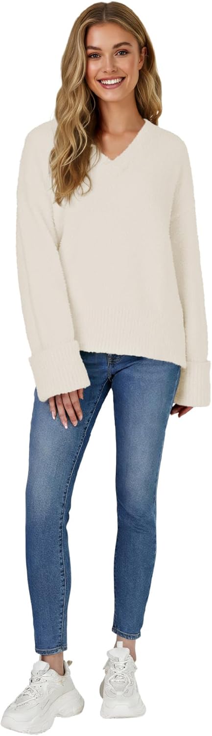 Vrtige Women's Oversized Sweater Fuzzy Chunky Knit V Neck Long Sleeve Warm Pullover Sweater - Image 6