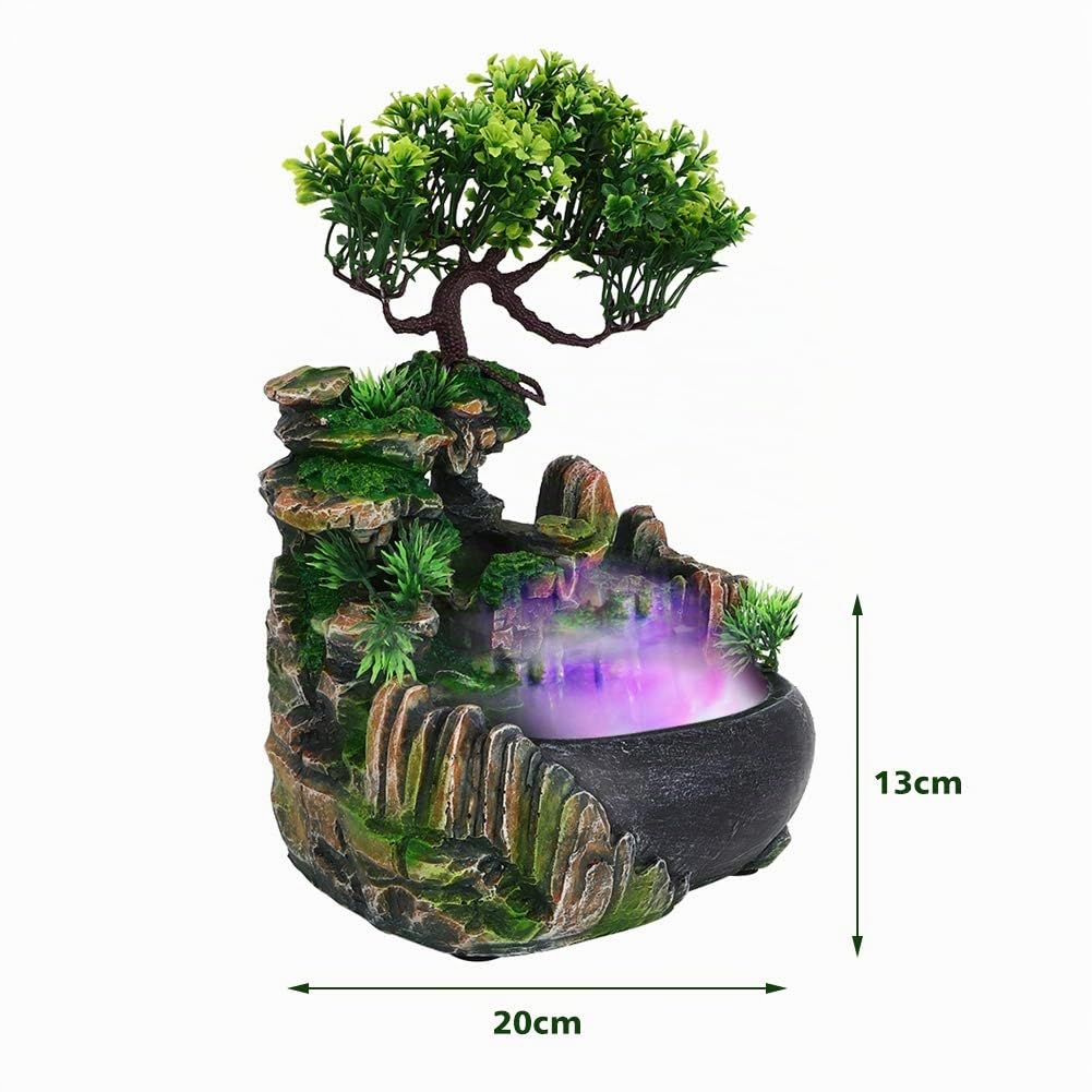 Zimmerbrunnen Tischbrunnen LED Springbrunnen mit Pflanzen Wasserfall Zimmer Brunnen aus Polyresin mit Pumpe Wasserbrunnen Water Fountain für Zimmer Terrarium