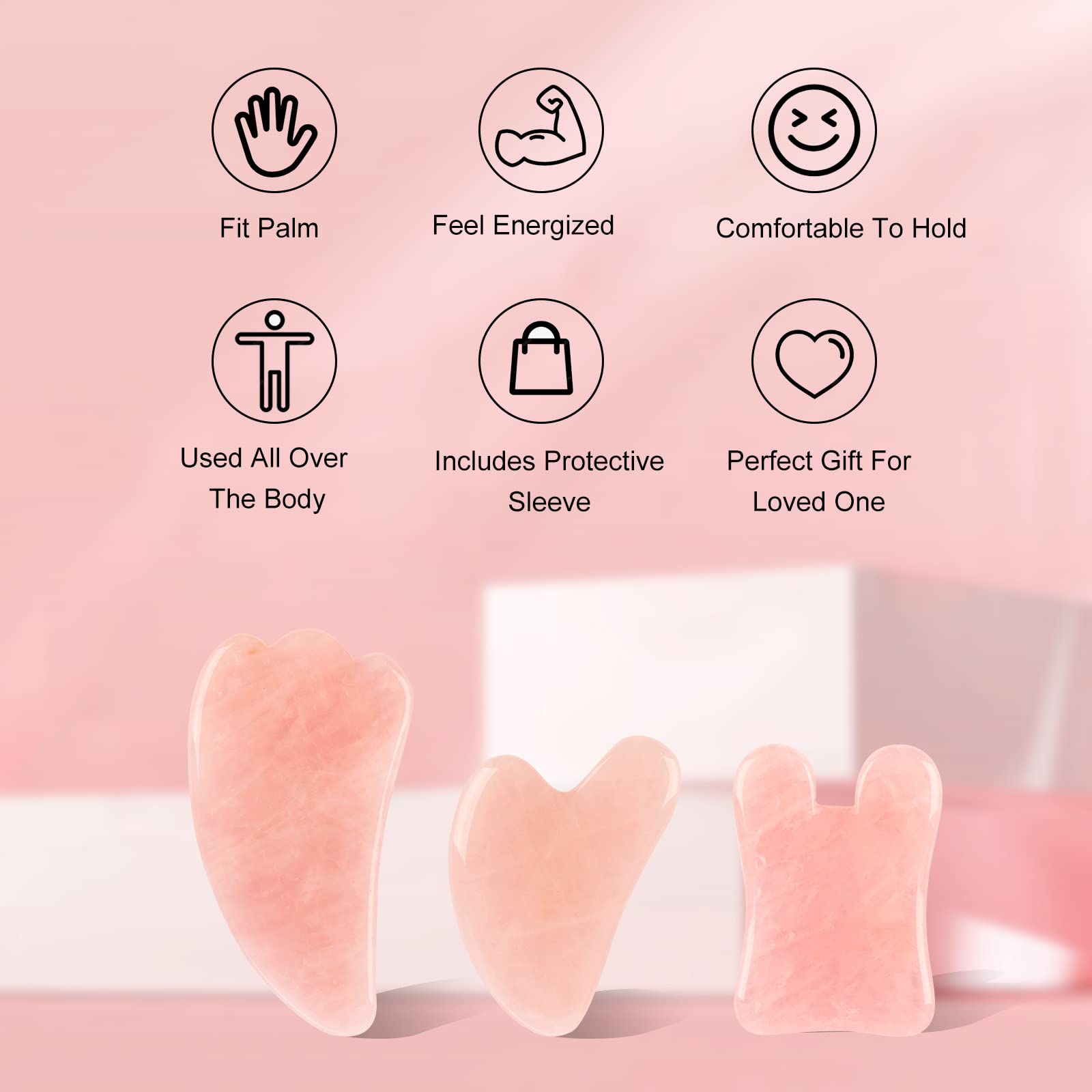 Gua Sha - Juego de 3 herramientas de masaje Guasha de cuarzo rosa, herramienta de raspado para cara, cuello, ojos y cuerpo, piedra de jade Guasha, paquete de 3 (rosa)