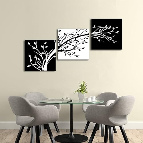 Miniatura 4 de Wieco Art Hojas modernas de 3 paneles de flores ilustraciones de Giclée impresiones en lienzo abstractas en blanco y negro árboles florales pinturas