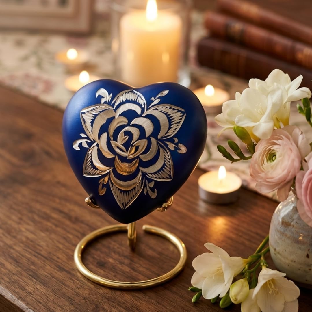 Forever Heart Keepsake Urn with Stand Honor Your Loved One with Mini Urn Heart Shaped, Heart Cremation Urn (Blue Rose)