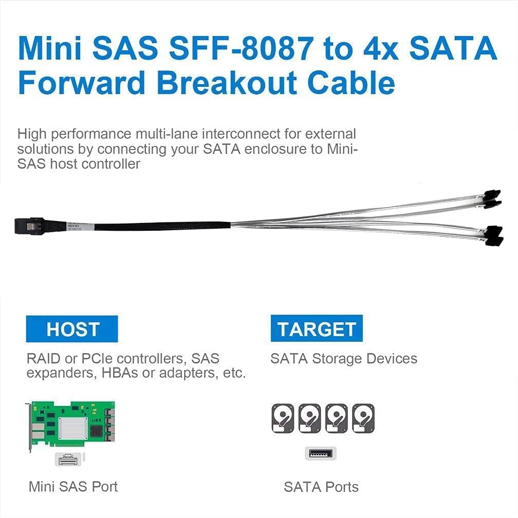 10Gtek® SFF-8087 to 4xSATA Mini SAS Cavo 0.5-Meter(1.65-ft), 6G Internes Mini SAS 36pin SFF-8087(Host) Male to 4x SATA(Target) 7pin Female Fan-out Cable