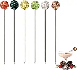 Palitos de coquetel de martini com bola colorida de metal, 6 peças, espetos de azeitona de 10 cm, espetos de enfeite de martini de aço inoxidável, palitos de dente reutilizáveis para azeitona