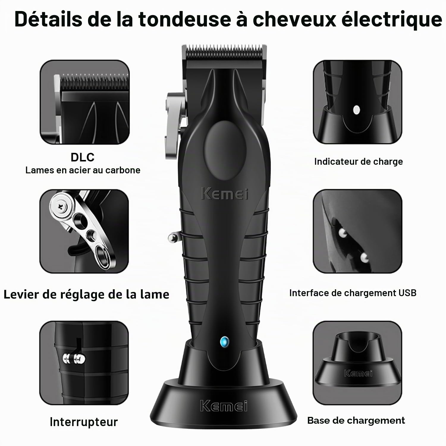 KEMEI 2296 Tondeuse à cheveux professionnelle sans fil, rechargeable USB, jusqu'à 350 min d'utilisation, 8 peignes de guidage
