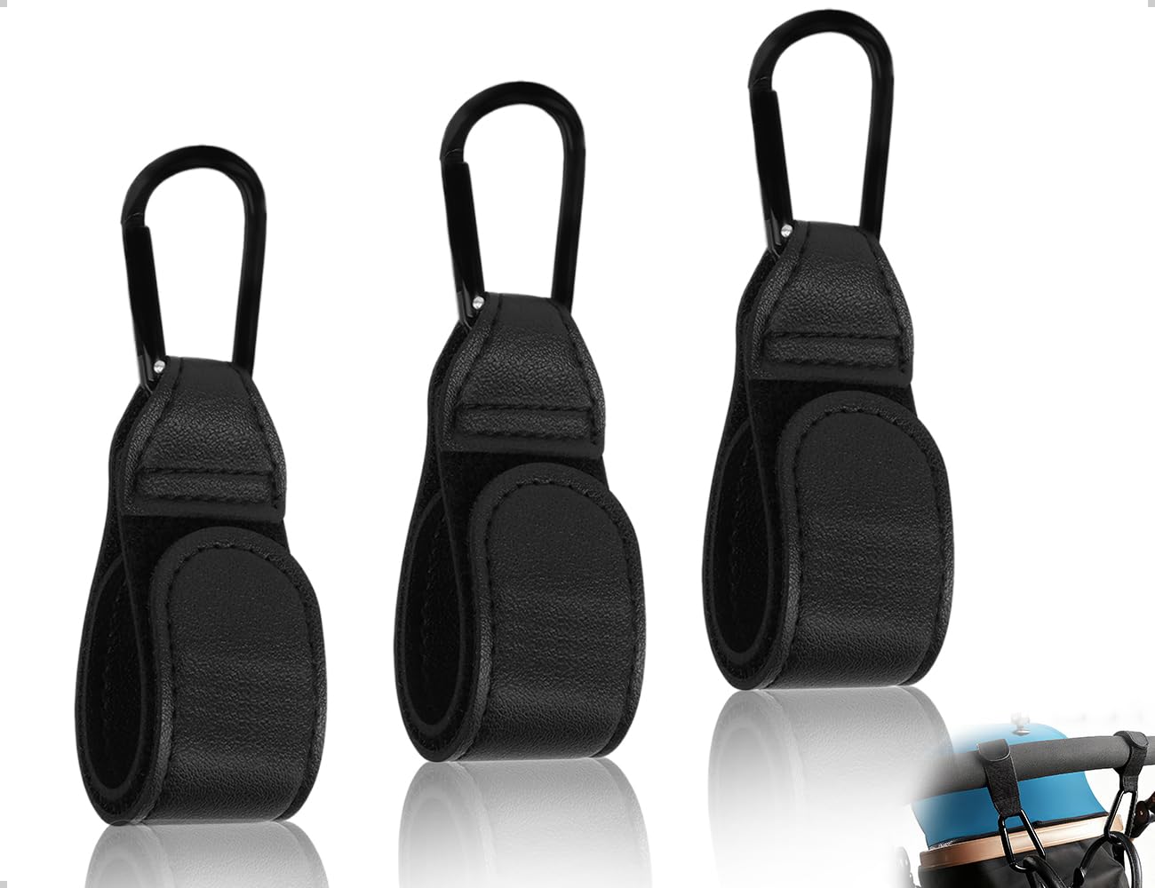 OHYANYAO 3 Stück Kinderwagen Haken,Universelle Kinderwagen Zubehör aus Leder,Anhänger für Wickeltaschen,Tragetaschen,Rucksäcke,Geldbörsen(Schwarz)