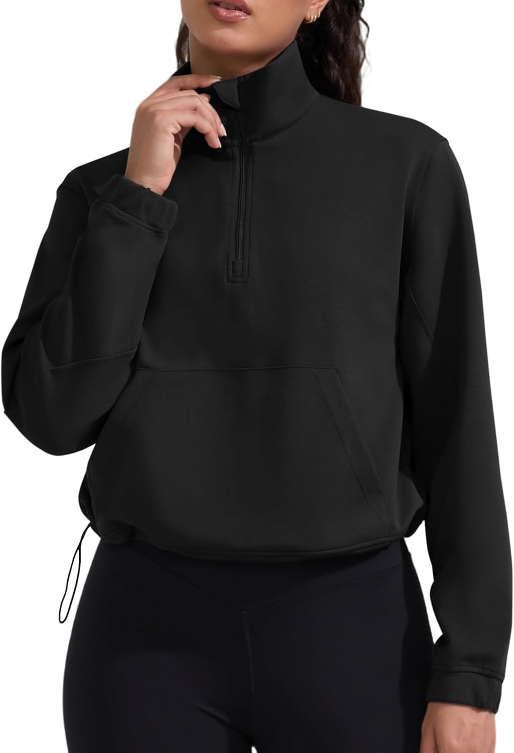 YIPINK Cropped Sweatshirt for Women Workout Tops Soft Pullover Half Zip Long Sleeve with Drawstring Pockets Casual