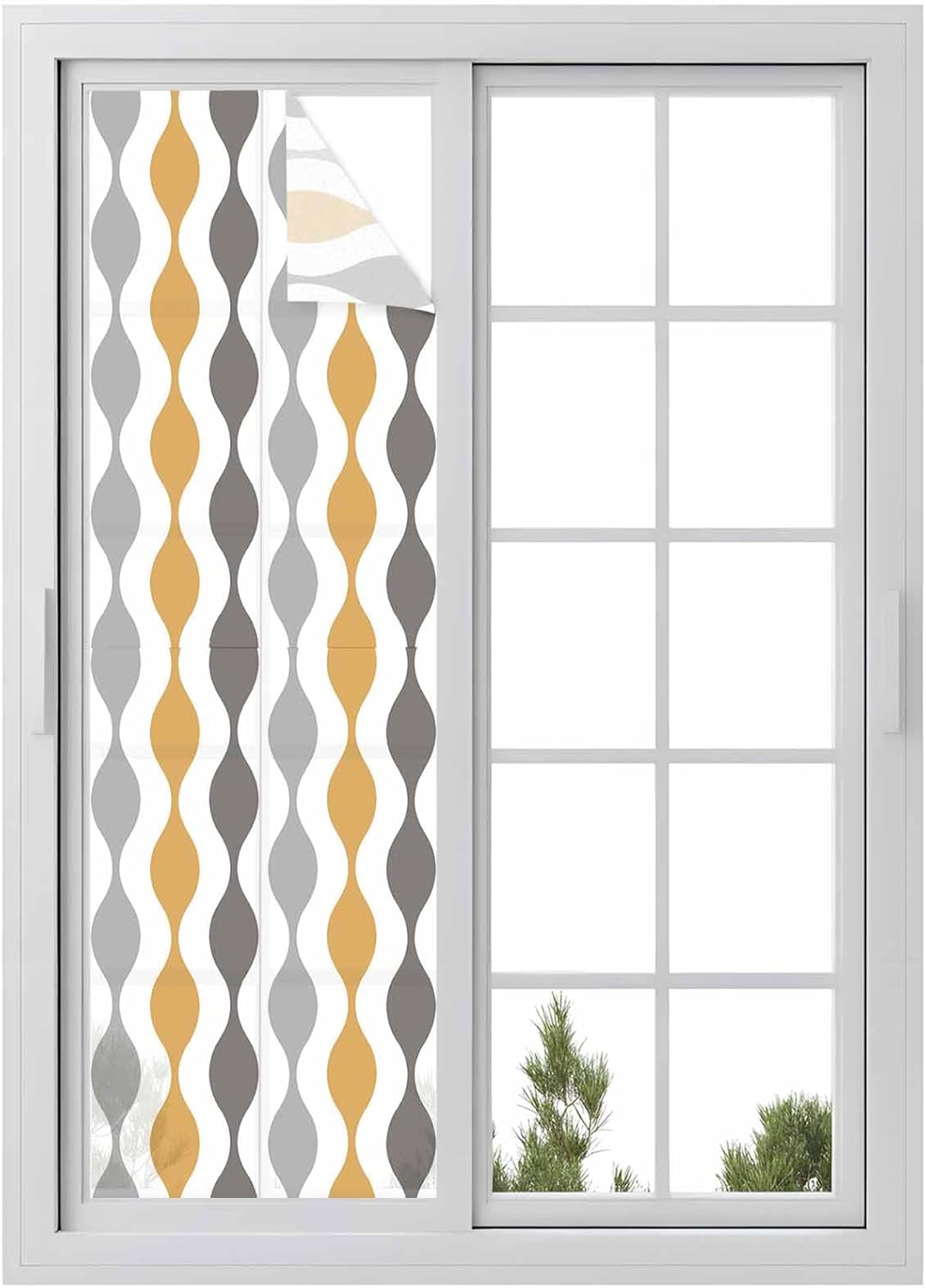 Yellow Gray Window Privacy Film Medieval Print Waves Geometric Decorative Glass Window Film UV Blocking Static Cling Non-Adhesive Sticker Covering for Home Door 29.5 x 118 inches
