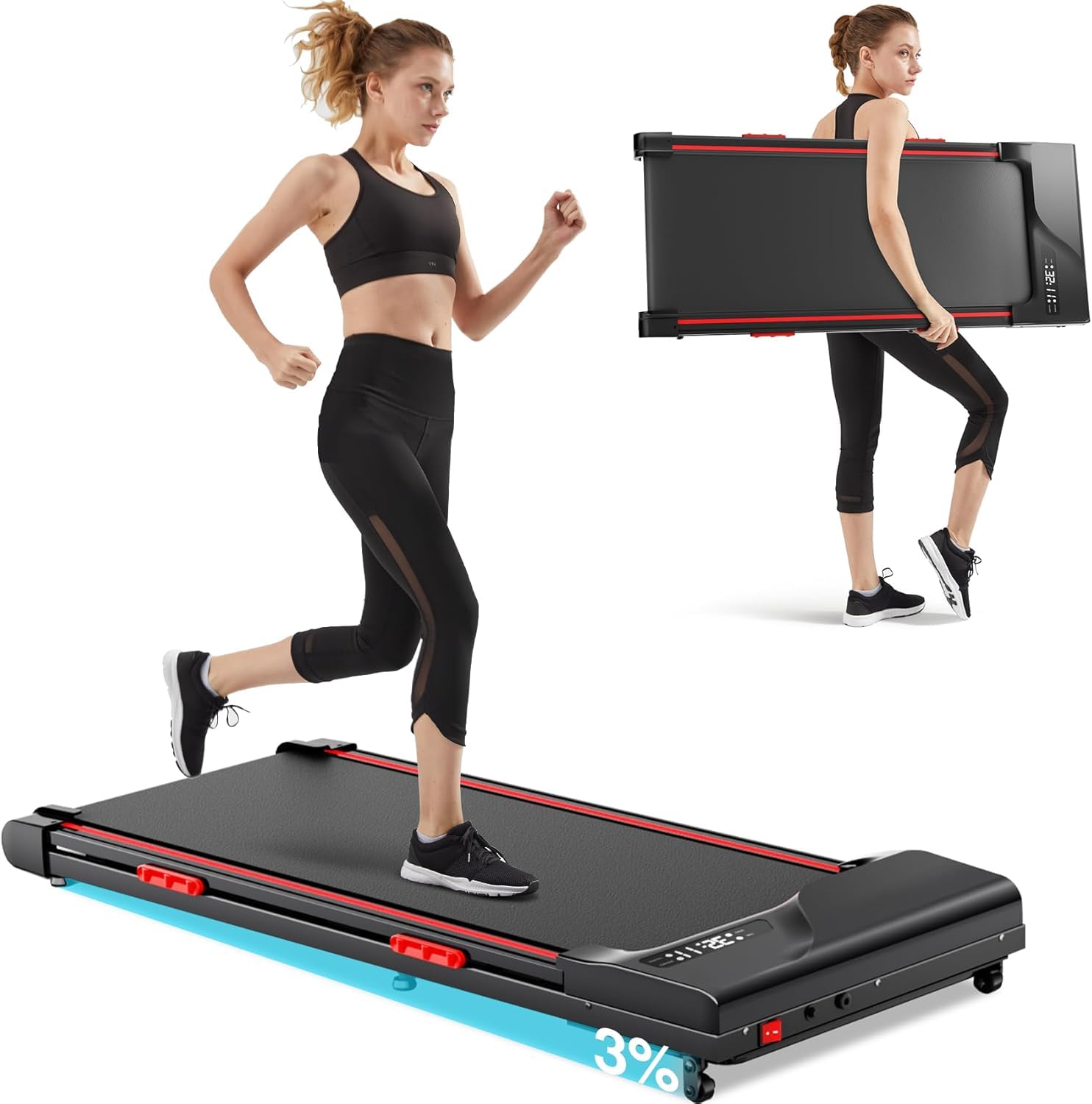 CURSOR FITNESS Walking Pad Treadmill with Incline, Under Desk Treadmill with Triple Shock-Absorbing System, 2.5HP Quiet Brushless (Blcak Red)