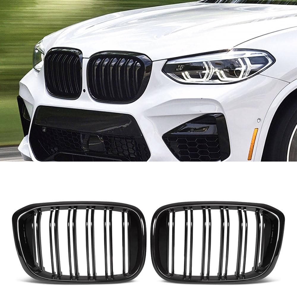 MAXDOM LLCMAXDOM Replacement Front Upper Grill Fit for BMW (2018-2021) X3 G01 (2019-2021) X4 G02 – Gloss Black Double Slats ABS Grille
