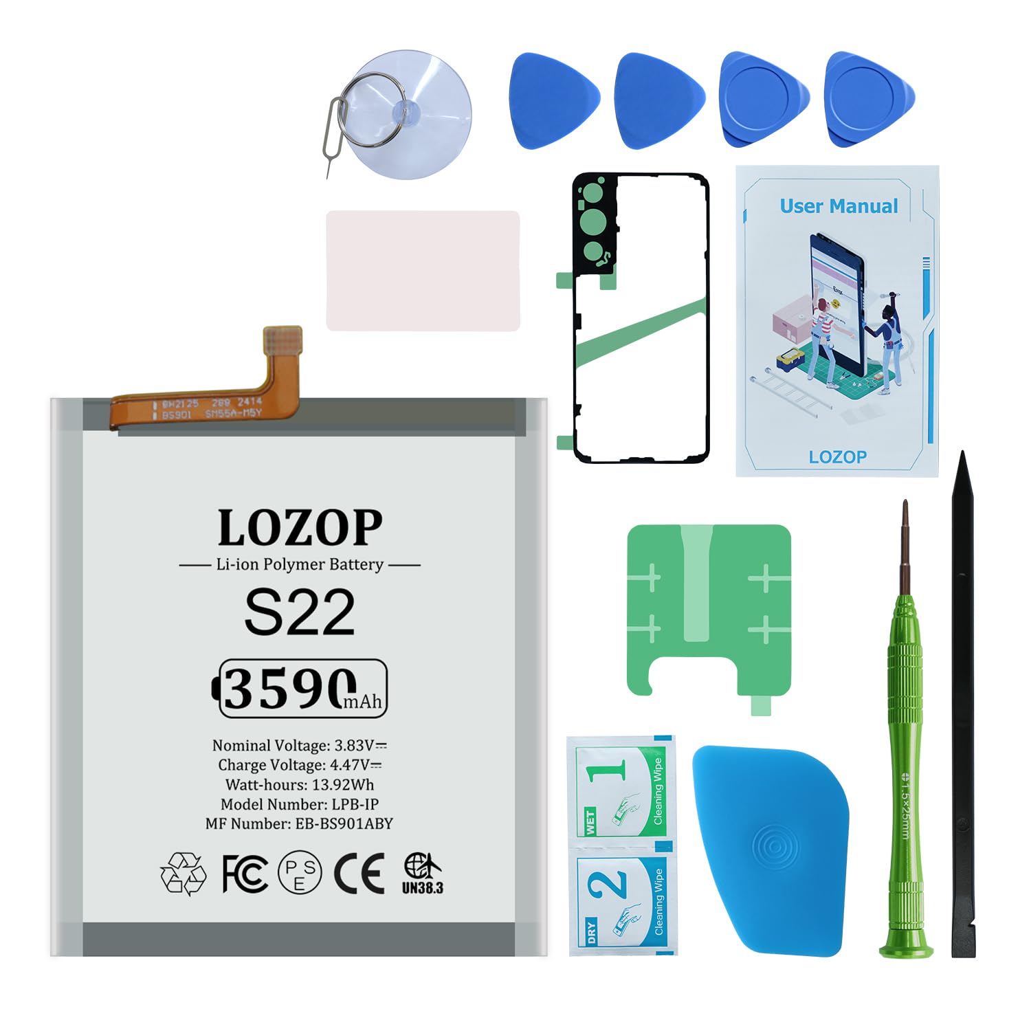 for S22 Battery Replacement Kits for Samsung Galaxy S22 5G SM-S901U/U1/N/B/W and Other All S901 Models with Repair Tools Kit and User Manual