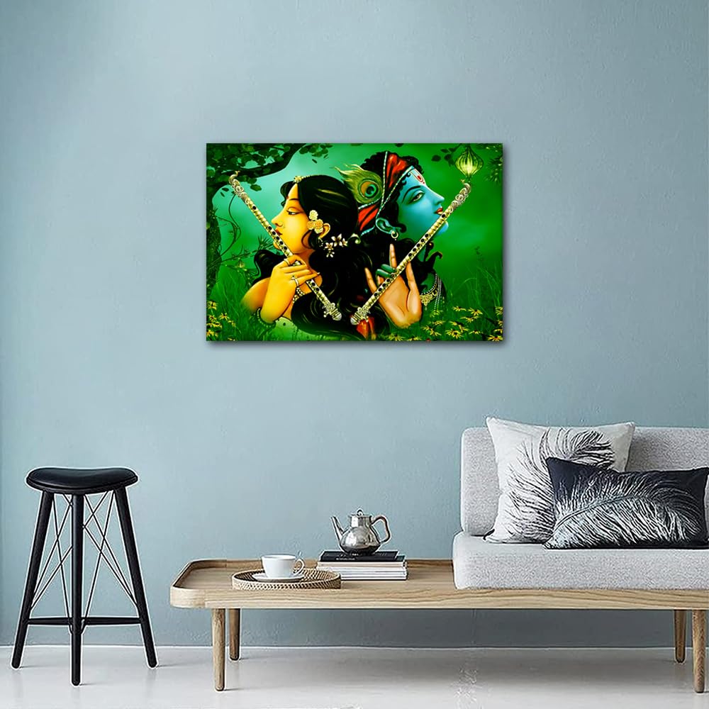 Lord Krishna Pictures for Living Room Painting Hinduism Lord Radha Krishna Pictures on Canvas Deity Wall Art Contemporary Artwork Home Decorations Giclee Framed Gallery-wrapped Ready to Hang 24"Wx16"H - Image 3