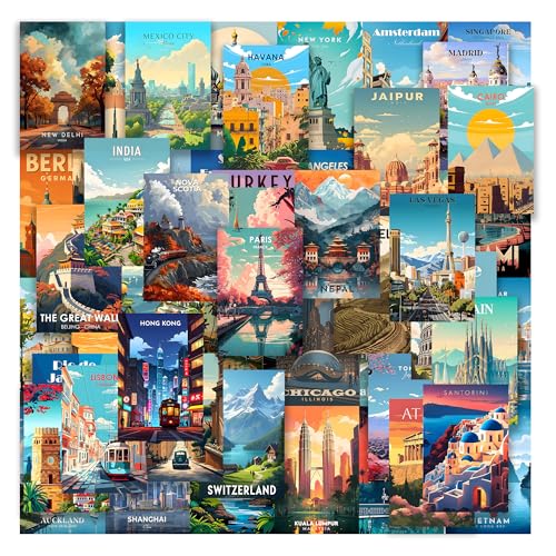Image of ZENDEN STORE Pack of 54 Travel Wall Collage Kit Posters - 4x6 Inch, 300 GSM Matte Cardstock with 300+ Glue Dots - Adventure & Wanderlust Wall Decor for Bedroom, Dorm, Living Room