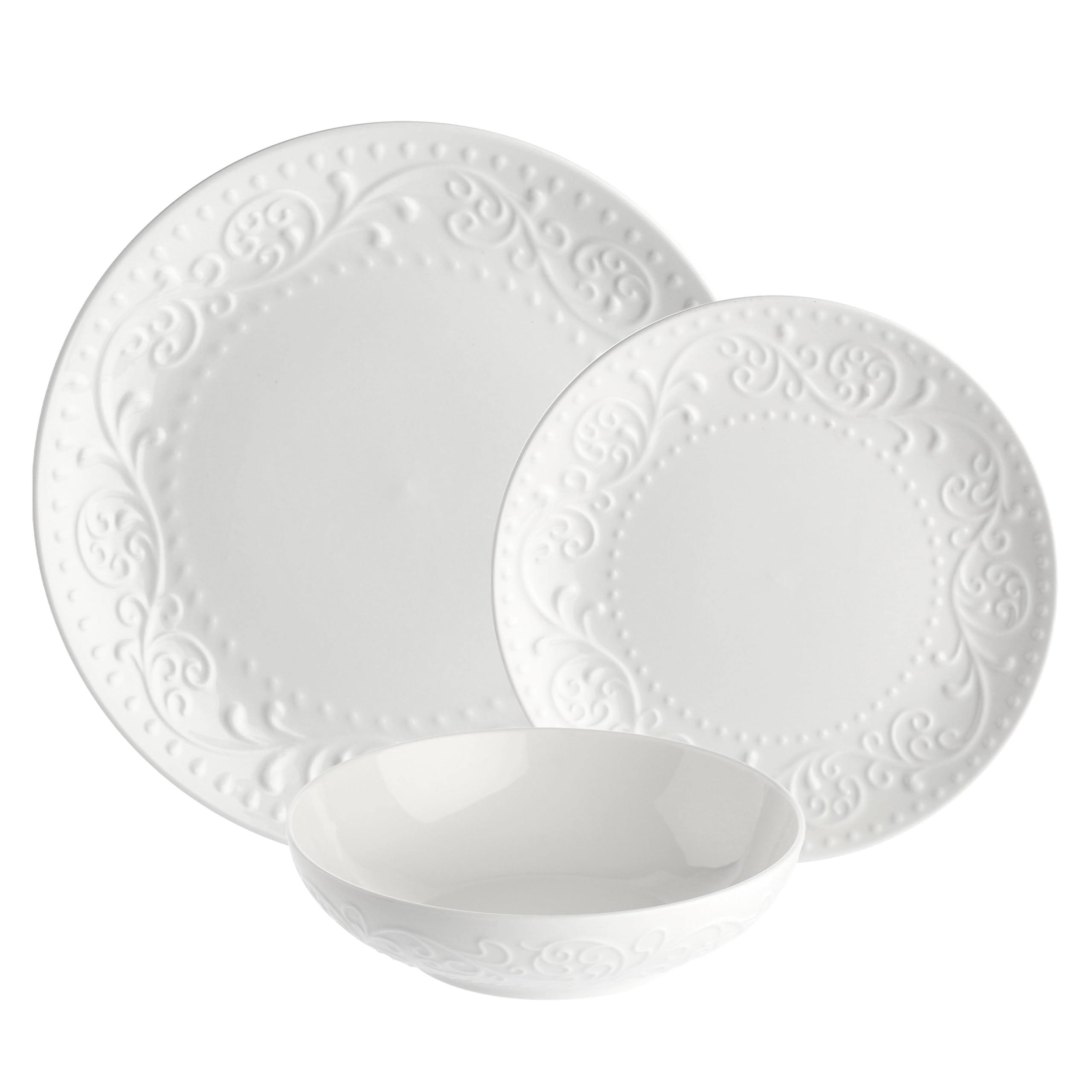 Porzellan-Kombiservice 18-teilig für 6 Personen | Weißes Geschirr-Set mit edlem Relief-Ornament | Ideal für Alltag, Festtafeln & Weihnachten (Geschirrset 18-teilig)