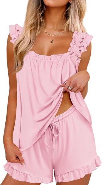 Ekouaer Pajama for Women Set 2 Piece Ruffle Pjs Soft Tank Top and Shorts Sleepwear Set Bridal Pajama Set for Women
