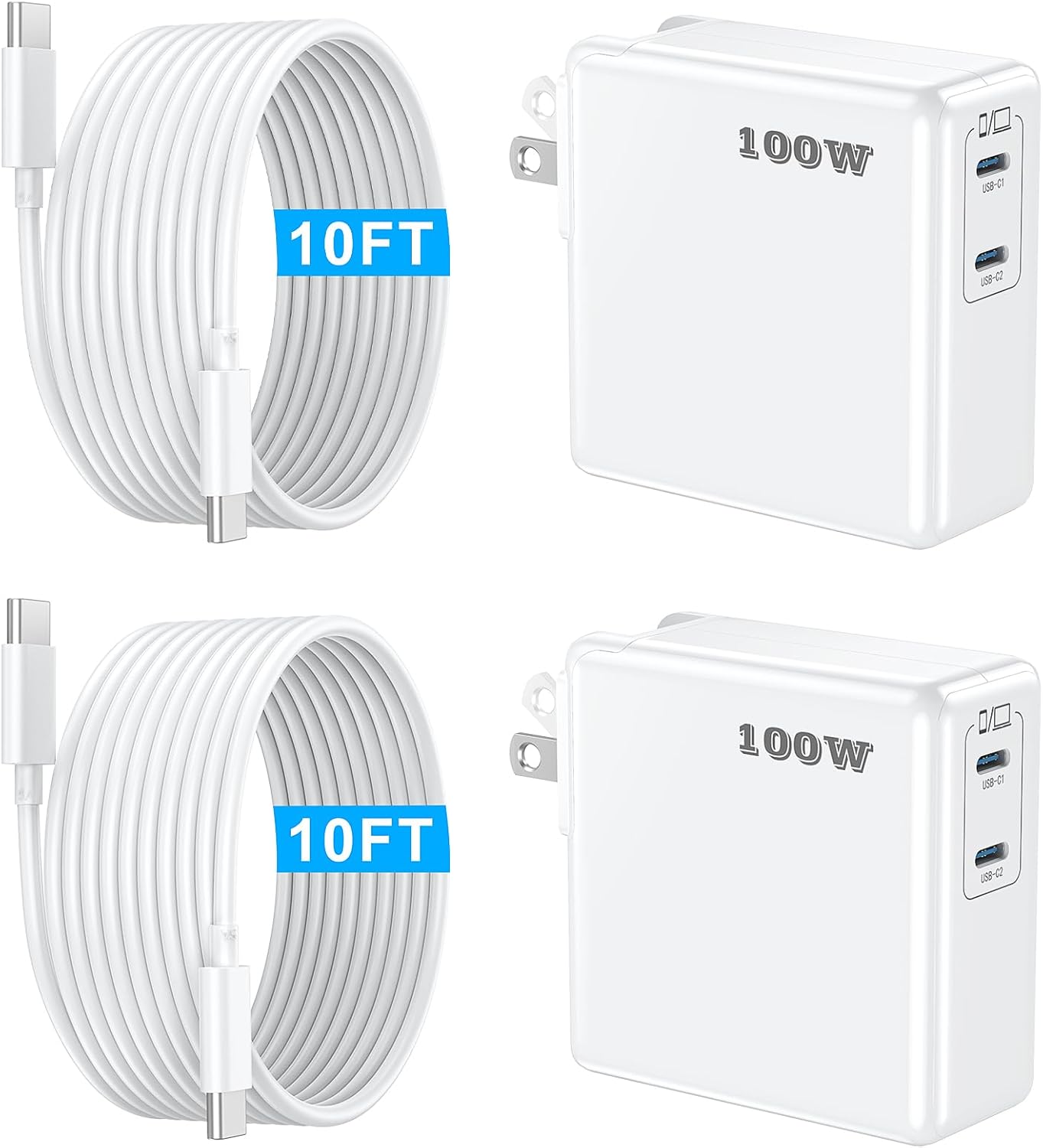 Mac Book Pro Charger 100W USB C Charger Block Fast Charging Dual Ports 2Pack for MacBook Pro/Air 13 14 15 16 inch, iPad,iPhone 16/15 Pro Max, Samsung Galaxy USBC Device 10FT C to C Charge Cable Cords
