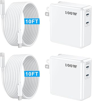 Mac Book Pro Charger 100W USB C Charger Block Fast Charging Dual Ports 2Pack for MacBook Pro/Air 13 14 15 16 inch, iPad,iPhone 16/15 Pro Max, Samsung Galaxy USBC Device 10FT C to C Charge Cable Cords
