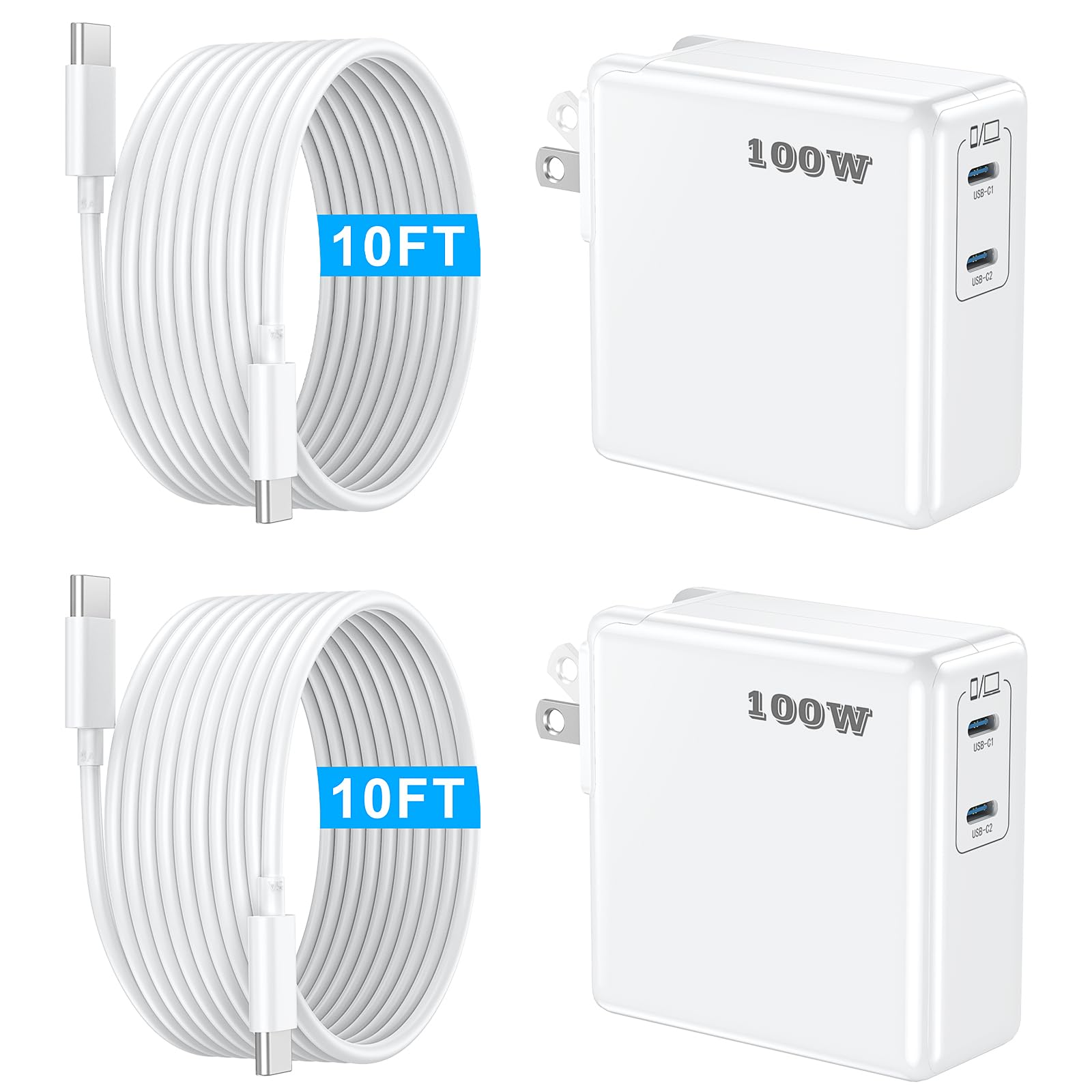 Mac Book Pro Charger 100W USB C Charger Block Fast Charging Dual Ports 2Pack for MacBook Pro/Air 13 14 15 16 inch, iPad,iPhone 16/15 Pro Max, Samsung Galaxy USBC Device 10FT C to C Charge Cable Cords