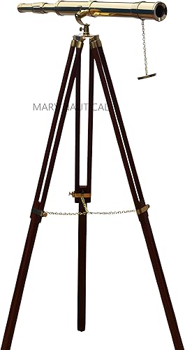 Miniatura 2 de Telescopio de pie náutico de latón dorado con trípode de madera Telescopio de vidrio espía de alta ampliación náutico para decoración del hogar