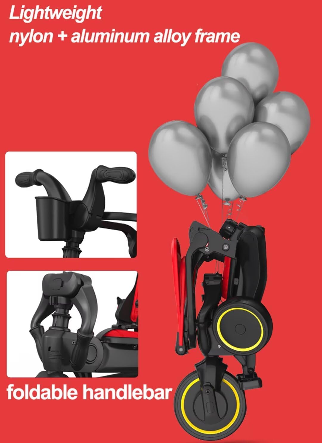 Reclining Stroller with Tilted Back,Folding Tricycle with Canopy,Push Trike with Parent Handle,Front Wheel Clutch,Rear Wheel Brakes,EVA Foam Wheel