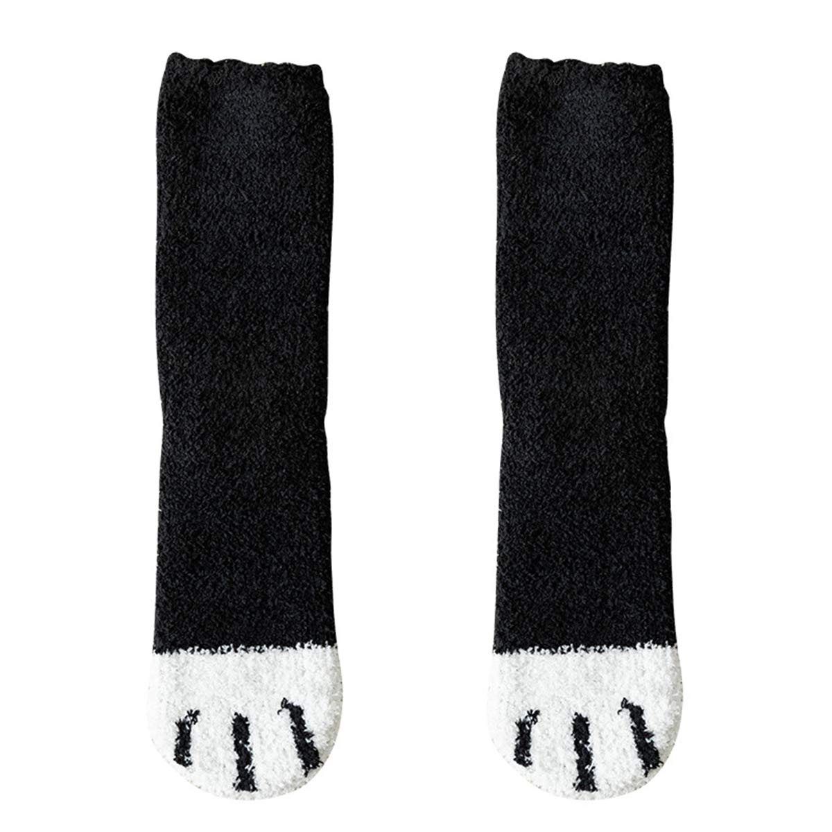 FeMereina Women Winter Fluffy Fuzzy Warm Slipper Socks Cute Cat Paw Home Sleeping Soft Socks (Black, One Size)