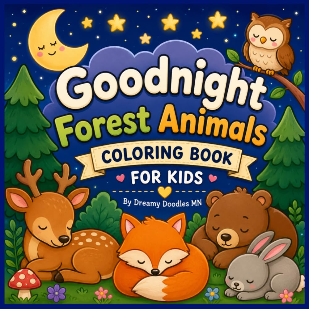 Goodnight Forest Animals: An Adorable Bedtime Coloring Book for Kids Ages 2-7 Featuring Sleepy Woodland Animals, Cozy Nighttime Scenes, and Easy Bold Designs