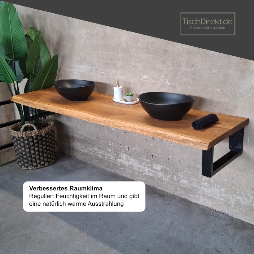 MyTimber® Waschtischplatte aus Eiche Massivholz | 4cm Starke Eichenbohlen | Ideal für Aufsatzwaschbecken | Baumkante oder gerade Kante (Baumkante - gespachtelt & geölt, 100x50cm)