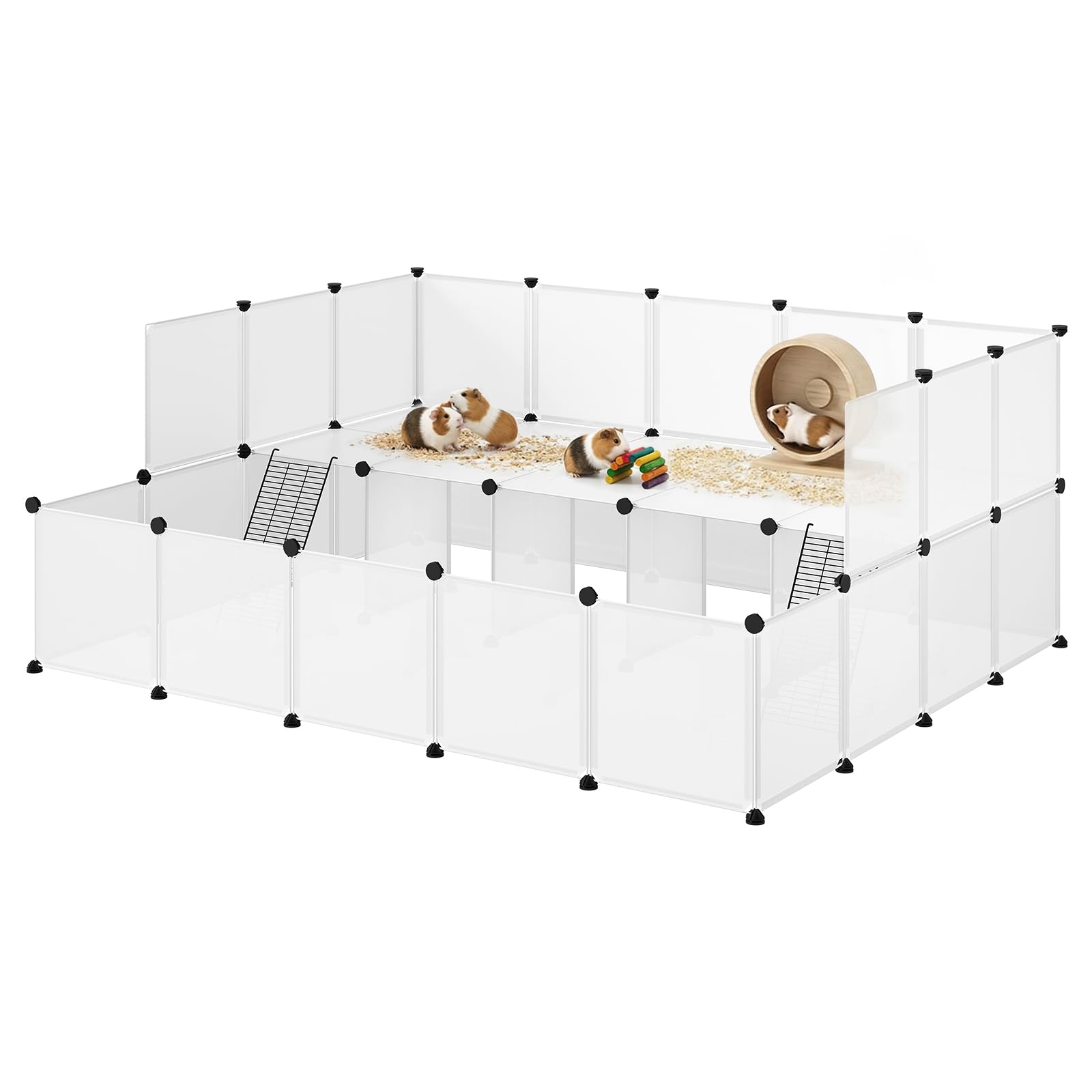 EUGAD Enclos Lapin, Parc pour Cochon d'Inde, Enclos pour Petits Animaux Hamsters Lapins Cochons, Parc Cochon d'Inde Modulable DIY 45 Panneaux, 2 Niveaux, Blanc 181x145x72cm