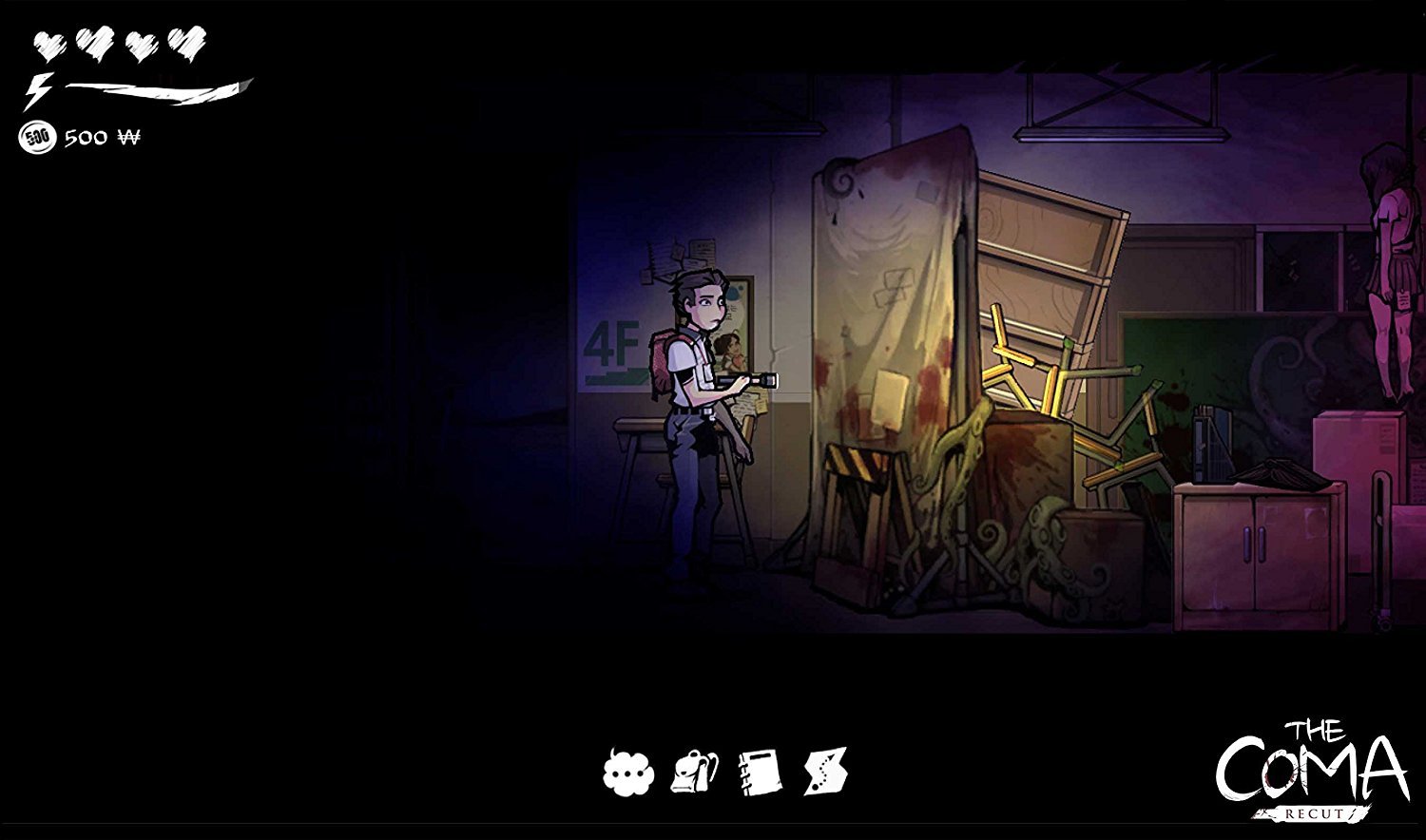 In-game screenshot showing the male protagonist, Young-ho, holding a flashlight in a dark, cluttered room.